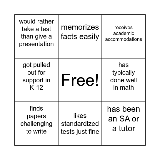 One student: diverse academic traits Bingo Card