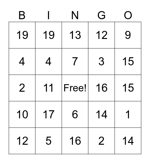 Addition within 20 Bingo Card