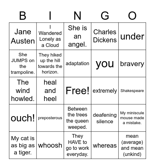 english bingo! Bingo Card