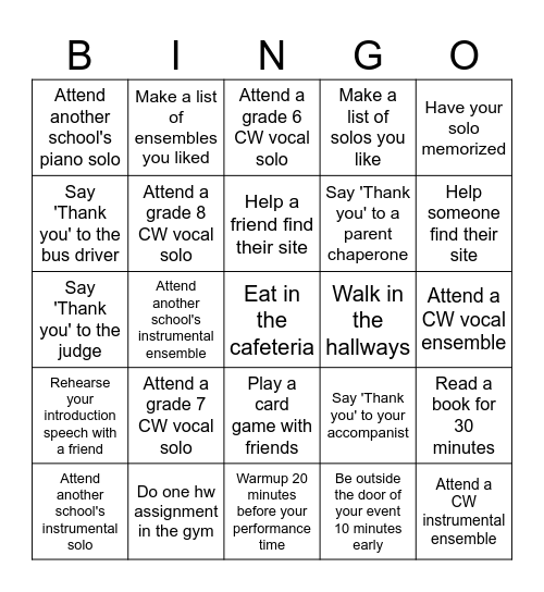 CWASD MS Solo and Ensemble Bingo Card