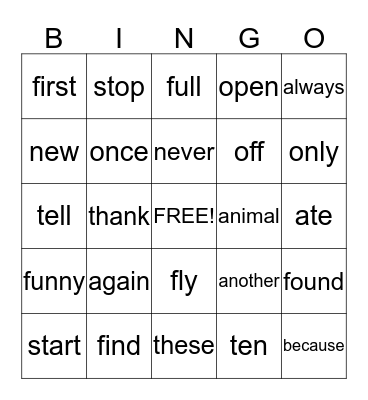 2nd Grade List #1 Bingo Card