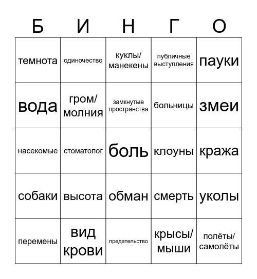 Мои фобии Bingo Card