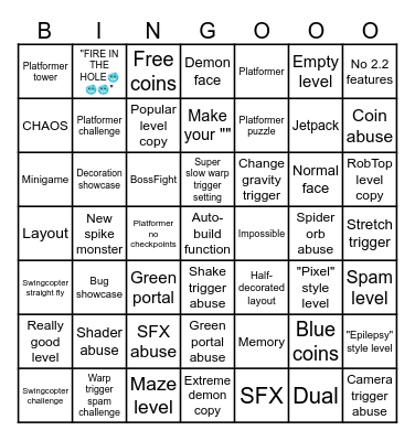 Geometry Dash 2.2 Recent Tab Bingo by Fr1man Bingo Card