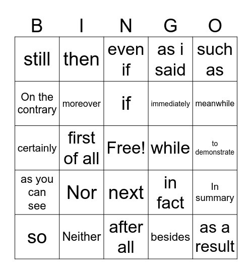 Transition Bingo Card