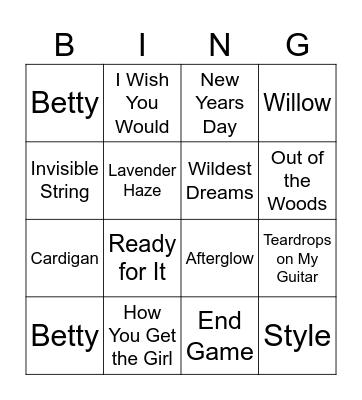 Taylor Swift BINGO Card