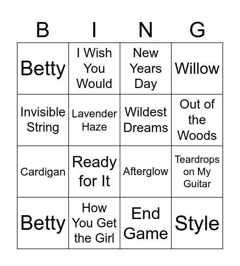 Taylor Swift BINGO Card