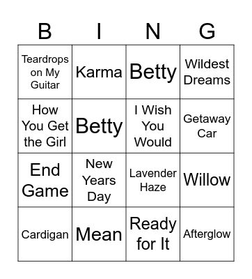 Taylor Swift BINGO Card