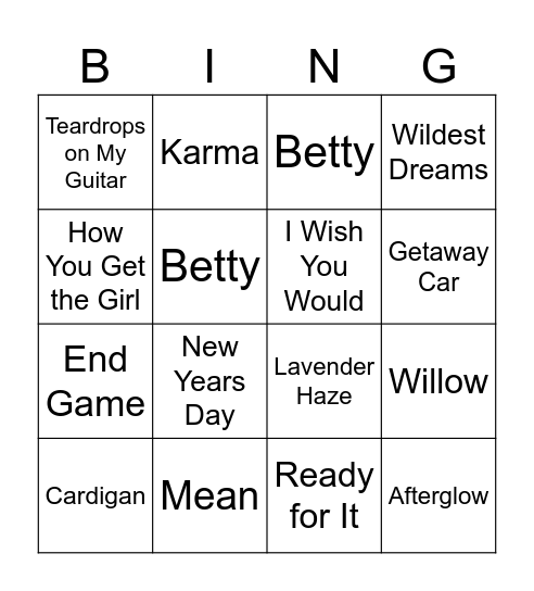 Taylor Swift BINGO Card
