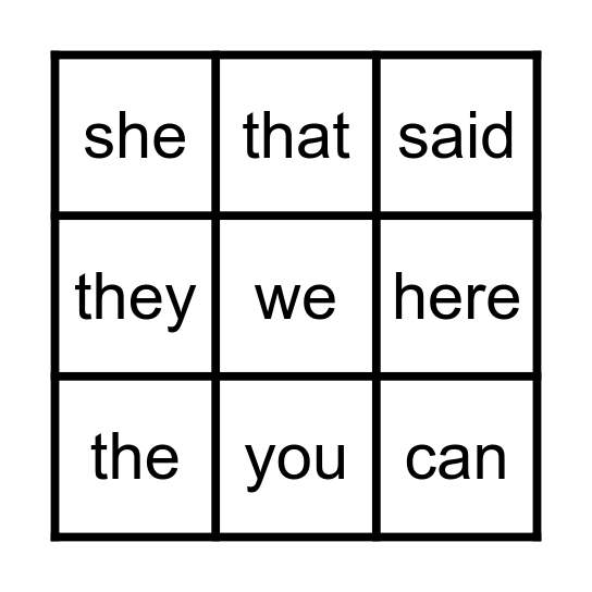 High Frequency Word BINGO Card