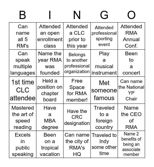 RMA YP Bingo Card