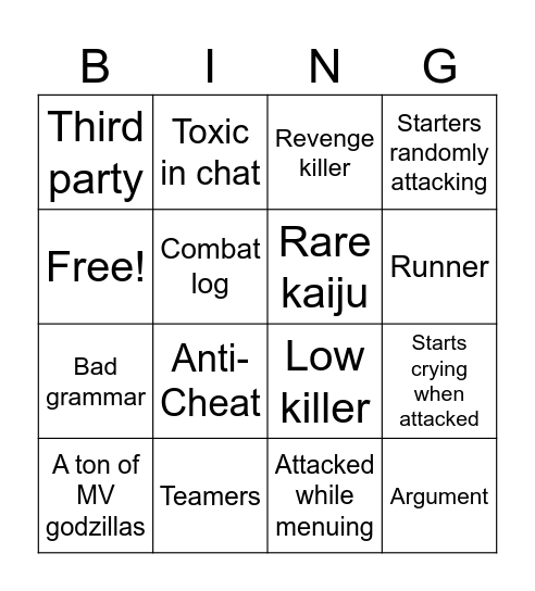 Kaiju Universe Bingo Card