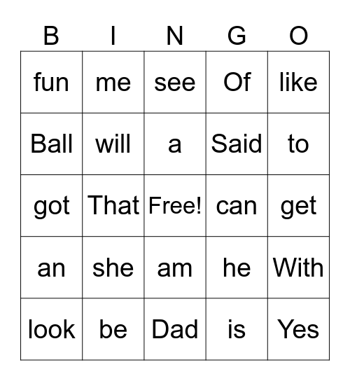 Kindergarten Snap Words Bingo Card