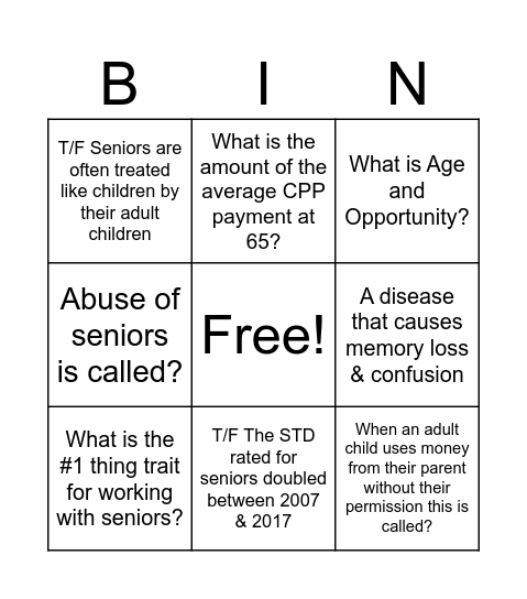Senior Development Bingo Card
