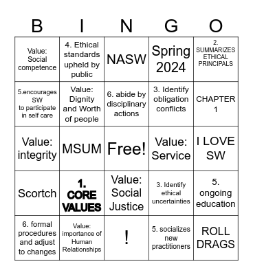NASW Code of Ethics Bingo Card