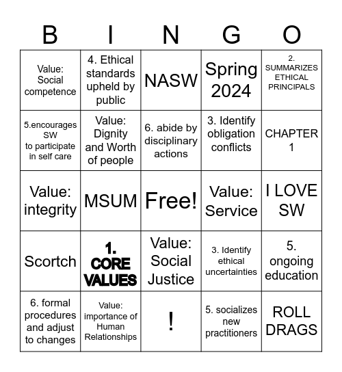 NASW Code of Ethics Bingo Card