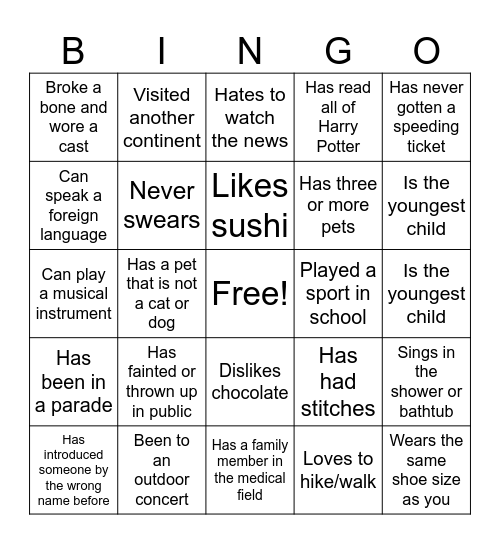 Getting to Know You Bingo Card