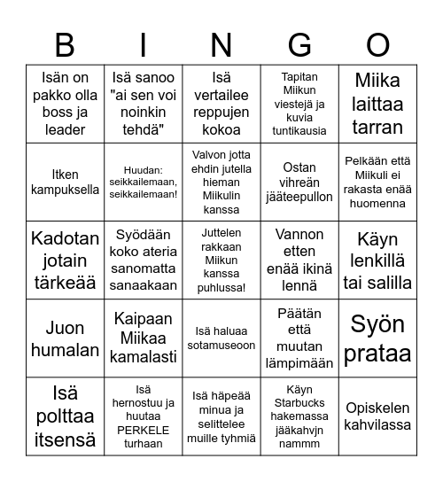 Linssi hommissa ja surku koiruna koska rakkain kaukana Bingo Card