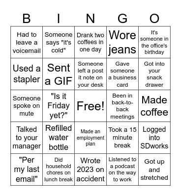 Work Week Bingo Card