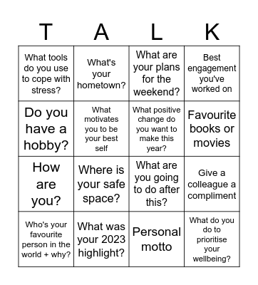 PSA Wellbeing Bingo Card