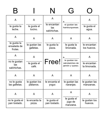 La comida Bingo Card