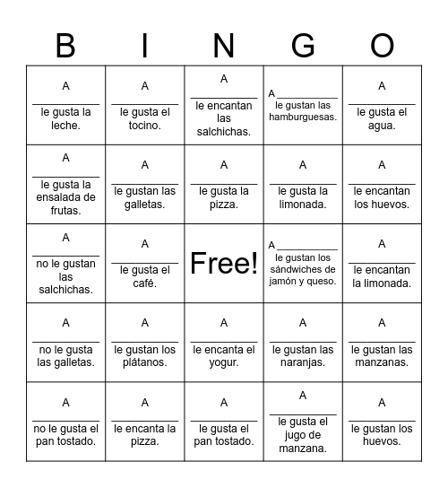 La comida Bingo Card