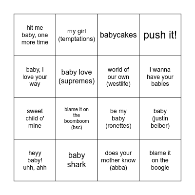 bongo baby bingo Card