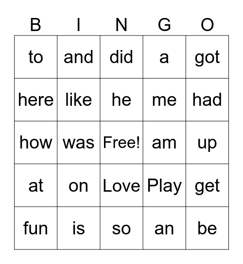 Kindergarten Snap Words Bingo Card