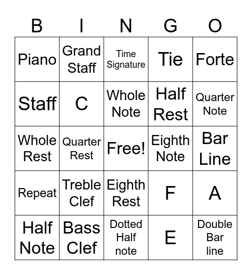 Lower Grades Music Bingo Card