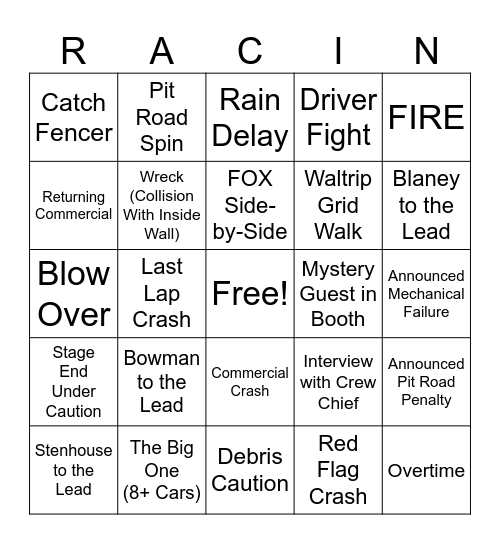 Daytona 500 Bingo Card