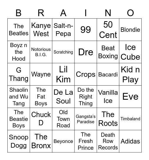 Hip Hop BRAINO Bingo Card