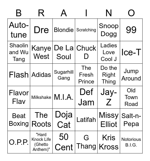 Hip Hop BRAINO Bingo Card