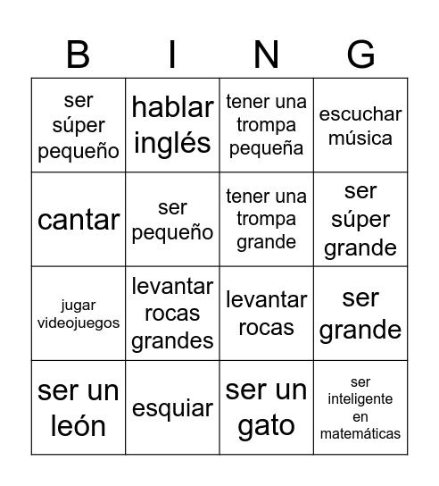 Edi el elefante: Capítulo 3:  Los Verbos/Las Actividades Bingo Card