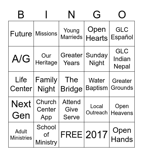 Greater Life Church Bingo Card