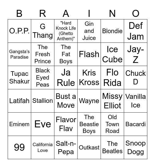 Hip Hop BRAINO Bingo Card