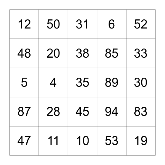 Lotería de Números 1-100 Bingo Card