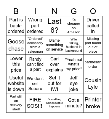 PARTS DEPARTMENT BINGO Card