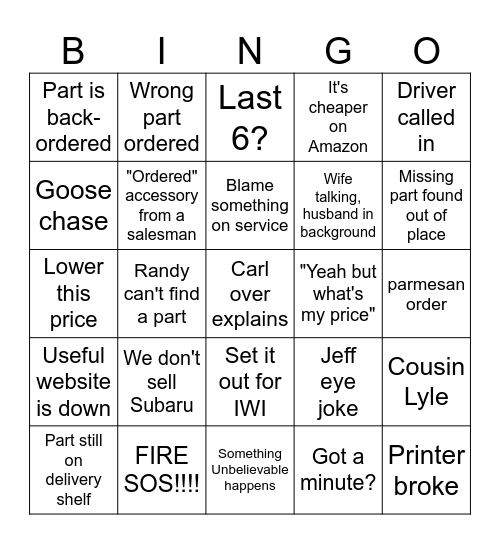 PARTS DEPARTMENT BINGO Card