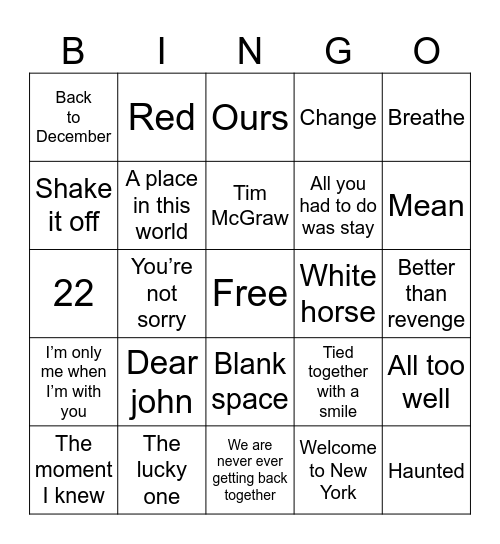 Taylor Swift Bingo Card