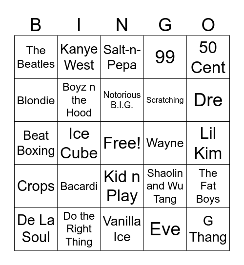 Hip Hop Bingo Card