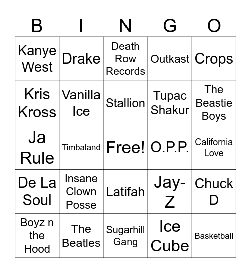 Hip Hop Bingo Card