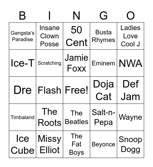 Hip Hop Bingo Card