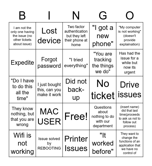 Help Desk Calls Bingo Card
