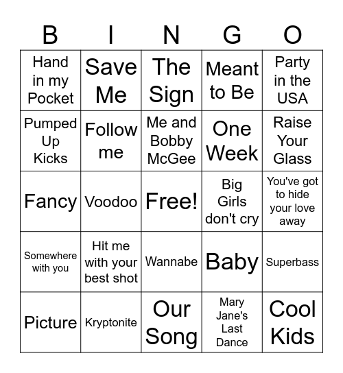 Karaoke Favorties Bingo Card