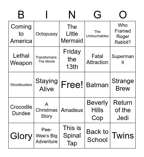 80s Movie Bingo Card