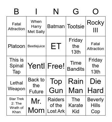 80s Movie Bingo Card