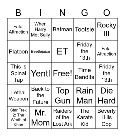 80s Movie Bingo Card