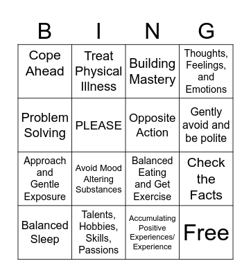 DBT Emotion Regulation Bingo Card