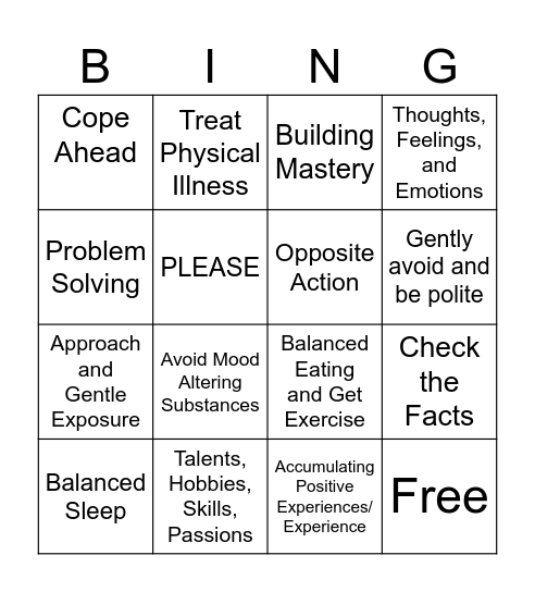 DBT Emotion Regulation Bingo Card
