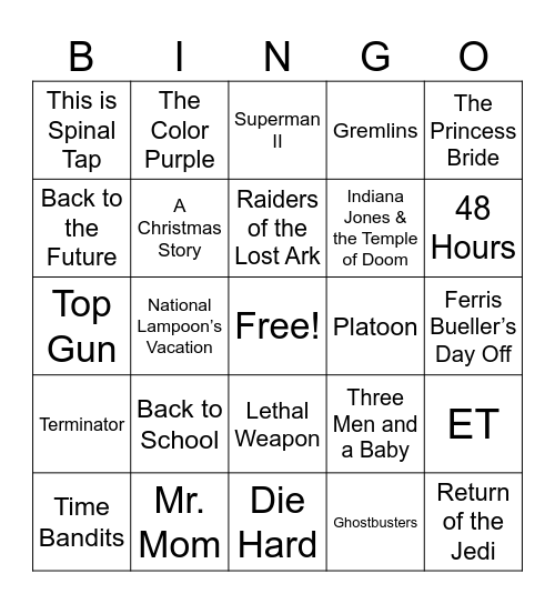 80s Movie Bingo Card