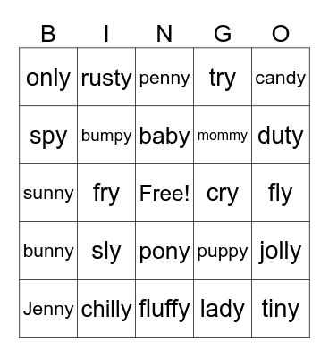 Vowel Y Bingo Card